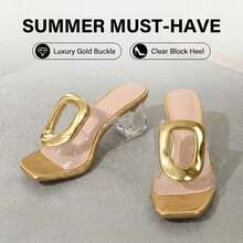 Giày sandal cao gót đế vuông đính pha lê dành cho nữ, kiểu dáng xòe, thích hợp cho tiệc cưới. - Vàng - Xem 4