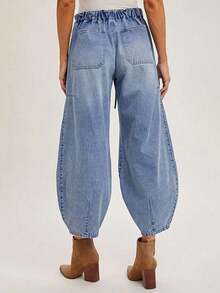 Elegant Bohemian Gradient Color Casual Denim Pocket Drawstring Skinny Harem Pants, Versatile For Streetwear, Vacation, Holiday, Workout, Daily Wear, All Seasons Spring - 輕洗 - 查看 3