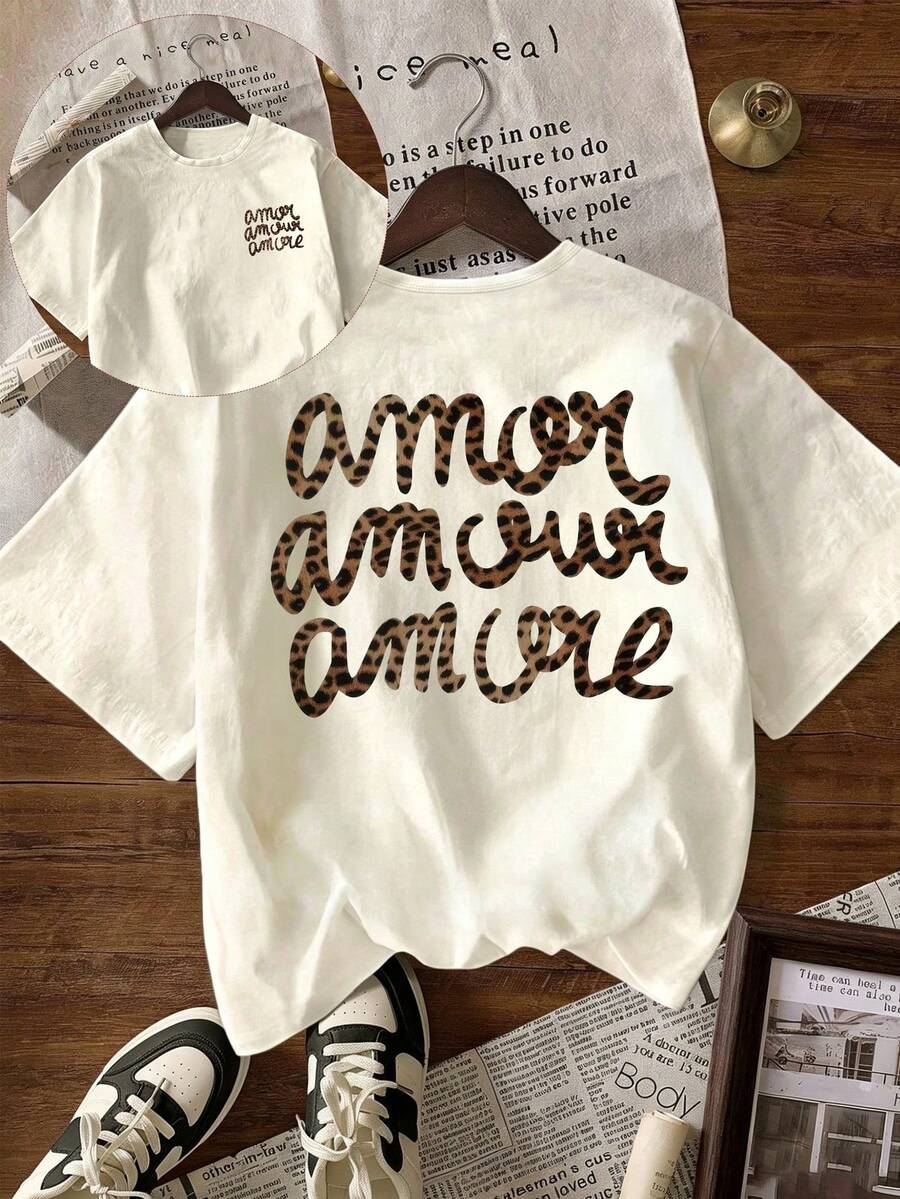 Áo thun nữ tay ngắn cổ tròn in họa tiết da báo "More Love" kiểu dáng thường ngày, thích hợp cho mùa thu, mùa tựu trường. - Màu be - Xem 1