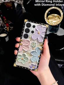 1个彩色花卉图案长方形手机壳，兼容三星Galaxy S26 Ultra/S26/S26 Plus/S25FE/S25 Ultra/S25+/S25/S24 Plus/S24/S24U/S23 Ultra/S22 Ultra/A56 5G/A57 5G/A37 5G/A36/A17/A16 和 17 Pro Max/17/16 Pro Max/16/15 Pro Max/15/14 Plus/15 Plus/14 Pro Max/13 Pro Max。图案表面有一层保护膜，使用前需要撕掉。生日礼物、送给女朋友、男朋友、情人节礼物。 - 多色+鏡面指環支架 - 查看 3