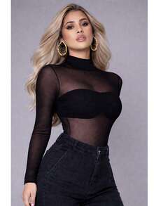 Women's Tulle Bodysuit With Long Sleeves, High Neck, Transparent, Elegant, Fitted, Women's Fashion - 黑色 - 查看 2