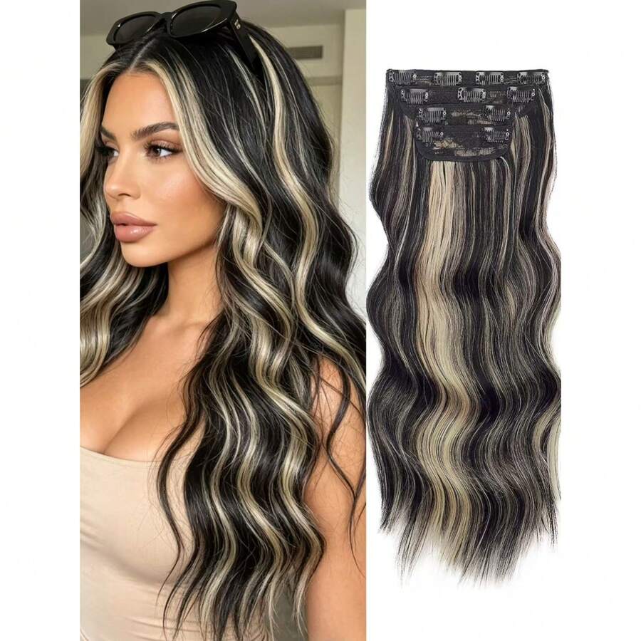 Multicolor Clip In Hair Extensions Black Color CLips 24 Inch Long Straight Hair Extension For Women Full Head Synthetic Hair Extensions Hairpieces - Multicolor - View 1