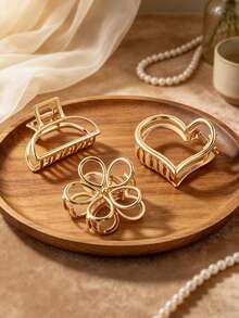 3pcs Elegant Metal Flower Heart Hollow Semi-Circle Hair Clips, Versatile For Daily, Party, Travel, Photo Shooting, Commuting, High-End Gift - Champagne - View 3