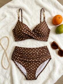 Bộ bikini cạp cao chấm bi nâu cổ điển, kiểu dáng xoắn phía trước, nâng ngực với dây đeo đính ngọc trai, thích hợp cho bãi biển, hồ bơi và kỳ nghỉ hè. - màu nâu - Xem 4