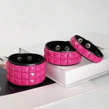 Women's Punk Pyramid Stud Leather Bracelet Adjustable Hot Pink Wide Cuff Bracelets Gothic Fashion Wristband Hand Jewelry Gift - Hai hàng - Xem 7