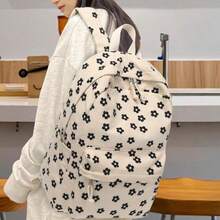 Mochila Universitaria De Pana Para NiñasLinda Mochila Informal Mochila Multibolsillos De Gran Capacidad Adecuada Para Viajes Escuela Y Compras - Mochila con flores de plumas - Ver 6