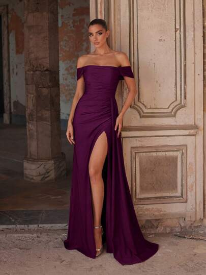 Faeriesty 一字肩垂墜高衩正式連衣裙