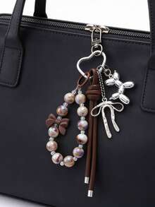 Pink Balloon Dog Pearl Bow Bag Charm Coquette Cute Keychain For Handbag Backpack Gift - Multicolor - View 6