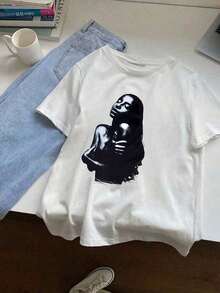 Women's Loose Street Style Vintage Pop Fun Portrait Print Short Sleeve T-Shirt, Streetwear, Tops Casual White Summer - trắng - Xem 6