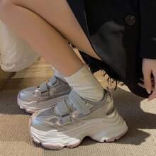 Zapatillas de plataforma de moda estilo "dad" con cierre de , transpirables y versátiles que aumentan la altura para mujeres - Plateado - Ver 4