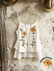 Women's Vacation Style Embroidered Printed Camisole, French Retro Fitted Double Hem Textured Fabric Spaghetti Strap Top, Summer Casual - Apricot - View 2