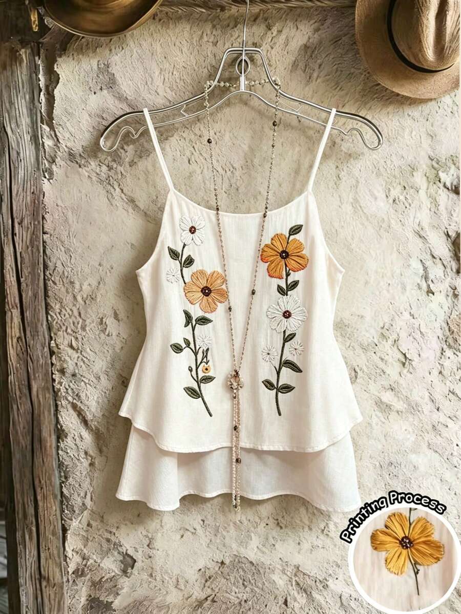 Women's Vacation Style Embroidered Printed Camisole, French Retro Fitted Double Hem Textured Fabric Spaghetti Strap Top, Summer Casual