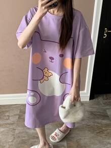 Camisón de mujer de cuello redondo lindo, estampado de oso de dibujos animados de manga corta, primavera/verano - Morado - Ver 6