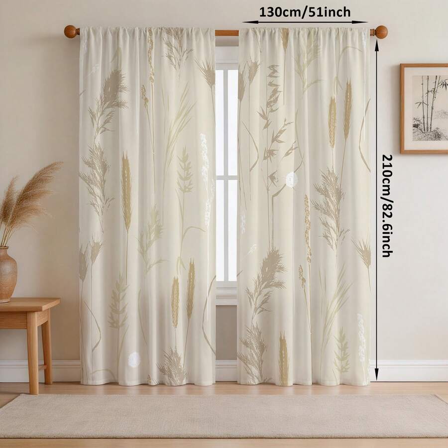 2 PIEZAS Cortinas opacas con patrón de hierba natural, cortinas de dormitorio bohemio beige, cortinas para sala de estar, 52"Ancho * 84"Largo - Multicolor - Ver 1