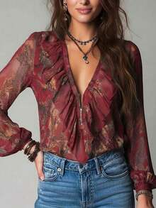 Vintage French Vacation Style Elegant Chiffon Allover Print Deep V-Neck Zipper Ruffle Sleeve Women Blouse Summer - Rojo oscuro - Ver 2