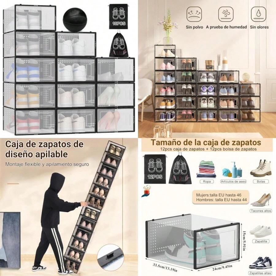 Juego de 12 Cajas para Zapatos Plástico Transparentes con 12 Fundas Antipolvo - Multiusos para Sala Dormitorio Clóset - Ver 1
