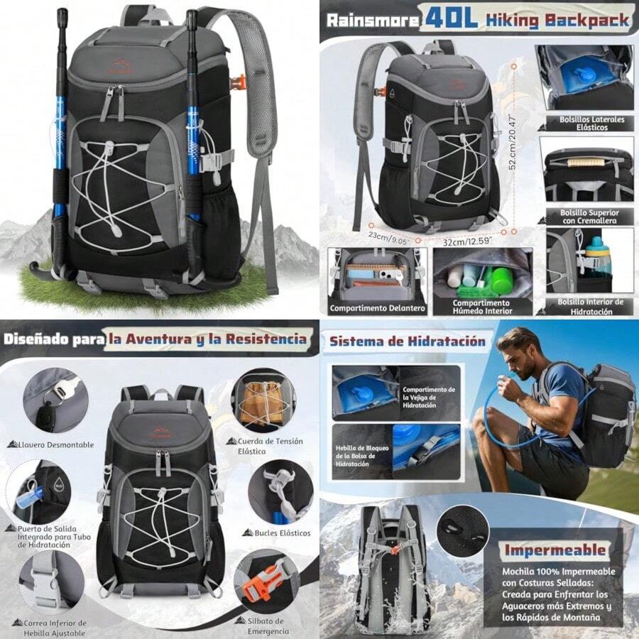 RAINSMORE Mochila de Senderismo Plegable para Mujer Hombre Mochila Camping 40 Litros Mochilas para Escalar Impermeable - Negro y gris - Ver 1