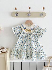 Đầm tay ngắn thêu hoa cho bé gái, mùa hè - Màu xanh lam - Xem 2
