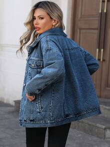 Mobula Sound#Plus Size Women's Spring/Summer Versatile Fashion Denim Jacket For Daily Wear, Travel, Stage, Concert, And Airport Casual - Fried Flower Dark Blue - View 5