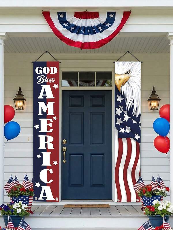 1pc God Bless America Patriotic Porch Banners Set, Red White Blue Polyester Fabric Outdoor Door Decor With Bald Eagle USA Flag Star Print, Reusable Fade Resistant Hanging Signs For 4th Of July Independence Day 1776-2026 250th Anniversary Celebration, Spring Summer Home Patriotic Decor