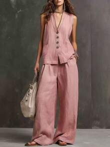 Solid Color Elegant Casual Front Button Vest And Wide Leg Pants Office Suit Pink Summer - Pink - View 10