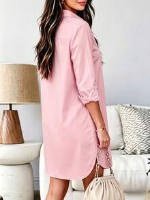 Women's Solid Color Single-Breasted Casual Loose High-Low Hem Pocket Versatile Shirt Pink Spring - Pink - View 2