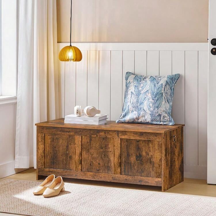 Storage Chest, Storage Bench, Blanket Box With Safety Hinges | Rustic Style, 100 Cm, Multipurpose Use For Hallway, Bedroom, Living Room, Rustic Brown, Engineered Wood - White - View 2