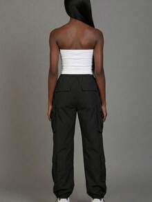 Women's Casual Boho Flap Pockets Drawstring Ruched Parachute Pants - Black - View 4