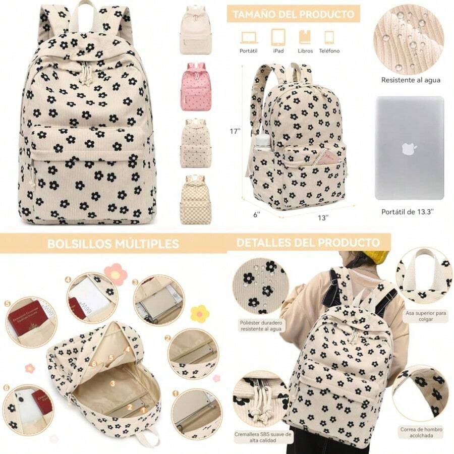 Mochila Universitaria De Pana Para NiñasLinda Mochila Informal Mochila Multibolsillos De Gran Capacidad Adecuada Para Viajes Escuela Y Compras - Mochila con flores de plumas - Ver 1