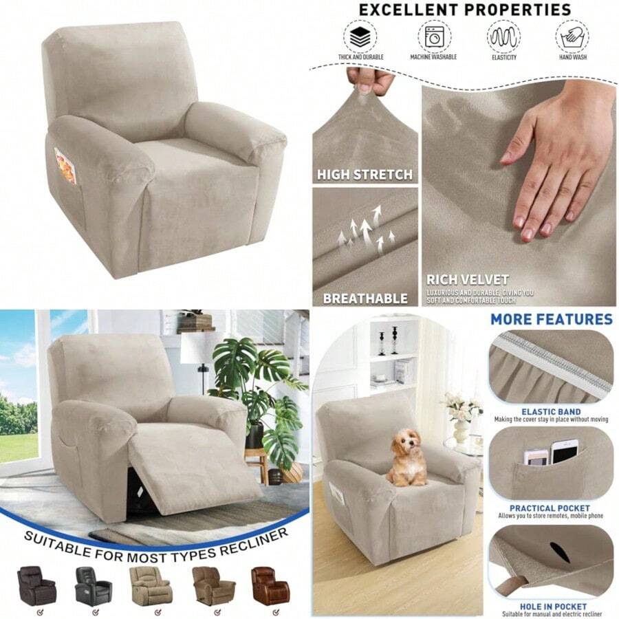 MAXIJIN - Fundas para sillas s de terciopelo de felpa de 4 piezas fundas s elásticas para grandes fundas s suaves lavables con bolsillo lateral XL color - Caqui aterciopelado - Ver 1