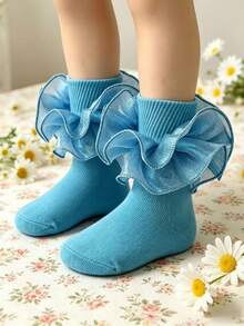 1 par de calcetines con dobladillo fruncido para niñas, calcetines de estilo princesa suaves para uso diario y días festivos - Celeste - Ver 6