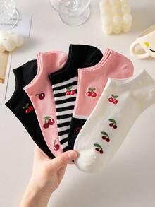 5 Pairs Women's Cute Cherry & Striped Pattern Ankle Socks, Black And Pink, Non-Slip, Breathable, Suitable For Spring/Summer - Multicolor - View 3