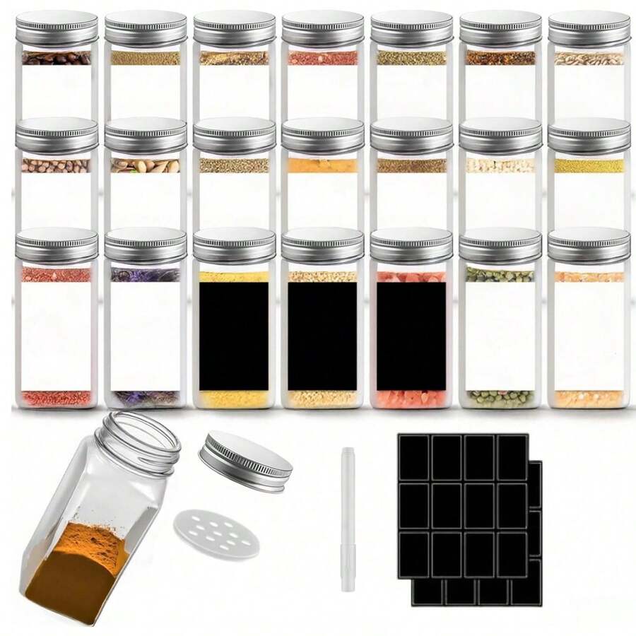 12/24pcs 5.6oz (Approx. 160g) Square Plastic Spice Jars, Reusable Plastic Seasoning Containers With Airtight Lids, Label Papers And Pens, Salt And Pepper Shakers, Spice Jars, Sealed Jar Set, Suitable For Outdoor Dining, Spices, Herbs, Powders And Glitters