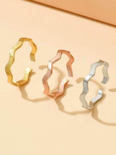 1pc Minimalist Wave-Shaped Open Stainless Steel Ring, Adjustable Smooth Finish 18K Gold Plated Accessory, Suitable For Daily Wear