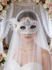 1 Stück Spitzenblumen Gesichtsmaske, Brautaccessoire, sexy weiße Spitze & Blumen Halbgesichtsmaske für Maskenball, Party Kostüm Dekoration - mehrfarbig - Übersicht 3