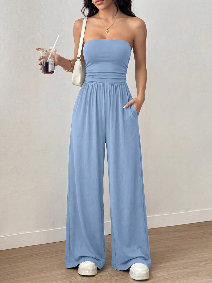 Women Summer Strapless Tube Top Ruched Wide Leg Pants Jumpsuit Casual Spring Holiday Beach Vacation Airport Sleeveless Rompers Outfits - 淺藍色 - 查看 1