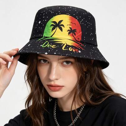 New "One Love" Coconut Tree Print Bucket Hat, Beach Hat Suitable For Travel, A Suitable Gift Choice, Reversible For Men And Women