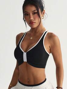 Women's Solid Color Removable Padded Criss-Cross Back Sports Knit Bra - Black and White - View 5