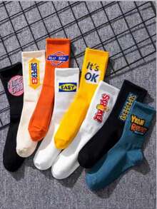 4/8 双装男女通用中筒袜，韩式篮球袜，透气吸湿字母袜，情侣袜，随机发货 - 彩色 - 查看 3