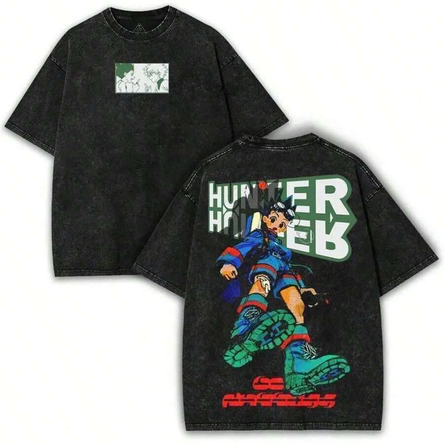 Graphic Cotton-Shirt Anime Print-ShirtSuper Value Hot Washed-Shirt Gon HXH Wild Hunter – Vintage Washed Tee With Green Fighter Graphic, Hunter Anime Inspired Streetwear & Retro Shonen Aesthetic, Best Friends X1S0001 Y2K,Oversize Plus Size S To 5XL,Summer Tee - 灰色 - 查看 1
