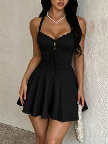 Women's Solid Color Casual Sleeveless Vintage Tie-Up Dress - Black - View 1