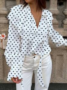 Women's Summer Polka Dot Pattern Layered Ruffle Hem Casual Shirt, Elegant For Commuting And Daily Wear White - White - View 6