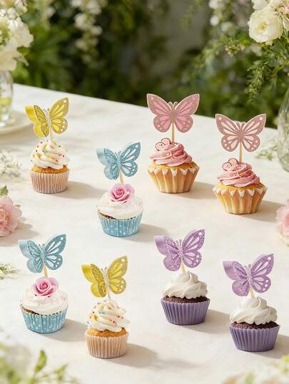 10 chiếc que cắm bánh cupcake hình bướm rỗng lấp lánh, nhiều màu sắc, thích hợp cho tiệc sinh nhật, tiệc mừng em bé, đám cưới, phụ kiện trang trí tiệc hình bướm phổ biến.