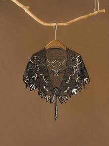 1PC Sheer Lace Flapper Shawl Elegant Vintage Sparkly Beaded Sequin Cape Boho Evening Women's Dress Outerwear Shawl - 黑金色 - 查看 12