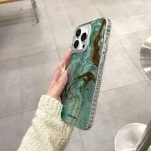Funda de teléfono de lujo con efecto de agua, mármol verde y marrón, brillo y chispas, cobertura completa y protección anti-caídas para iPhone - Verde Oscuro - Ver 8
