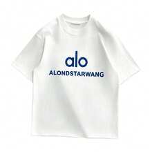 Alo Yoga Double Logo White T-Shirt, Loose Short-Sleeved American Retro Style Top With Front And Back Print, Unisex. - 查看 1