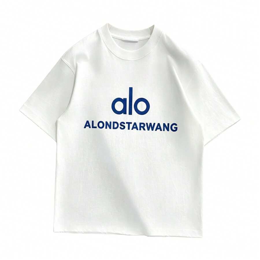 Alo Yoga Double Logo White T-Shirt, Loose Short-Sleeved American Retro Style Top With Front And Back Print, Unisex. - 查看 1