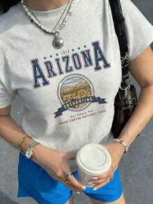 2026 Summer Collection,1psc1pc Women's Fashion Summer Round Neck Short Sleeve T-Shirt, College Style "1912 Arizona Attractions: Tonto National Park, Grand Canyon National Park" English Letter & Graphic Print, Suitable For Office, Outing, Daily, Date, Party, Gathering, Street, Carnival, Music Festival, Valentine's Day, Party Occasions Casualsoftcotton,Sizes S–7XL: Free Shipping,  Within 24 Hours - Xám - Xem 1