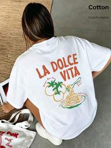 女款純色圓領短袖寬鬆T卹，100%棉質上衣，LA DOLCE VITA美食麵條圖案印花，春夏裝日常休閒女裝，街頭服飾，外出度假，camisetas invierno mujer，noistamujer，camiseta oversize mujer，motif mujer，isa，noistamujer，camiseta oversize mujer，motif mujer，isjer mujer，camis mujer，jersey，fiesta，sudaderas de mujer，conjunto mujer invierno，ropa verano mujer，verano mujer，y2k，mujer， curve，ropa curvy mujer，sudadera mujer talla grande，friends， curve，vacation，casual，辦公室/休息室/居家/戶外運動/復古風/簡約，趣味設計，四季通用休閒上衣，情人節情侶短袖，男女同款短袖，約會，浪漫出行，節日送禮，白色上衣，deporte，top negros elegantes - 白色.. - 查看 5
