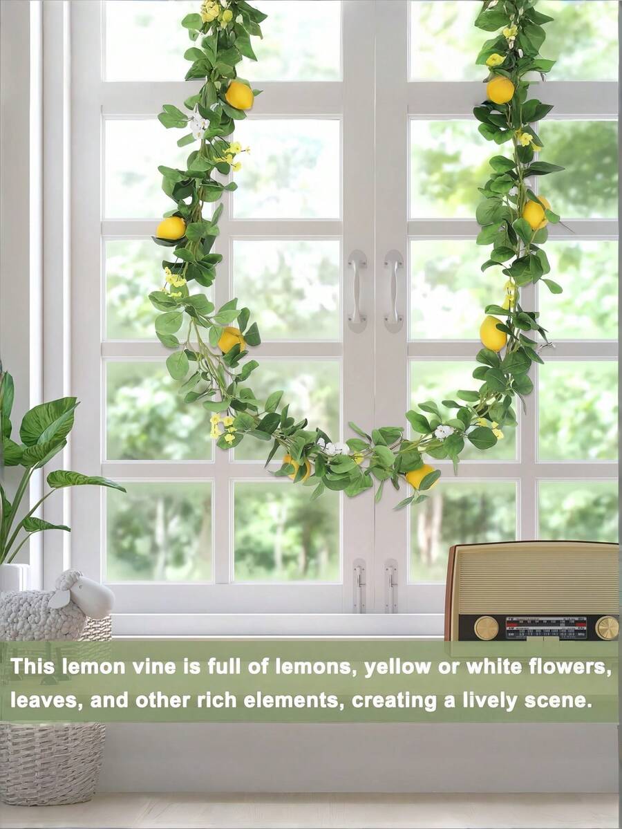 1 pieza Planta verde artificial de vid de limón para decoración interior, Prop de arte de huerto de limones de espuma, Decoración interior/exterior, Planta colgante de vid de limón falsa con frutas de limón y flores amarillas/blancas, ¡Crea una atmósfera fresca! Decoración interior/exterior y prop de fotografía, crea fácilmente una escena primaveral vibrante - Multicolor - Ver 1
